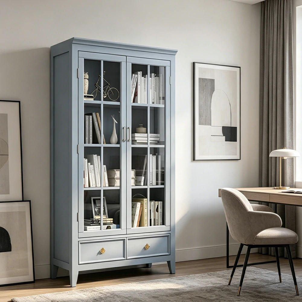 LUXORA Solid Wood 2 Door Display Cabinet with Glass Storage American Style Bookcase 100cm - Blue