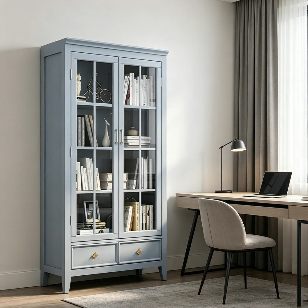 LUXORA Solid Wood 2 Door Display Cabinet with Glass Storage American Style Bookcase 100cm - Blue