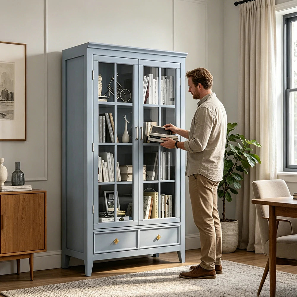 LUXORA Solid Wood 2 Door Display Cabinet with Glass Storage American Style Bookcase 100cm - Blue