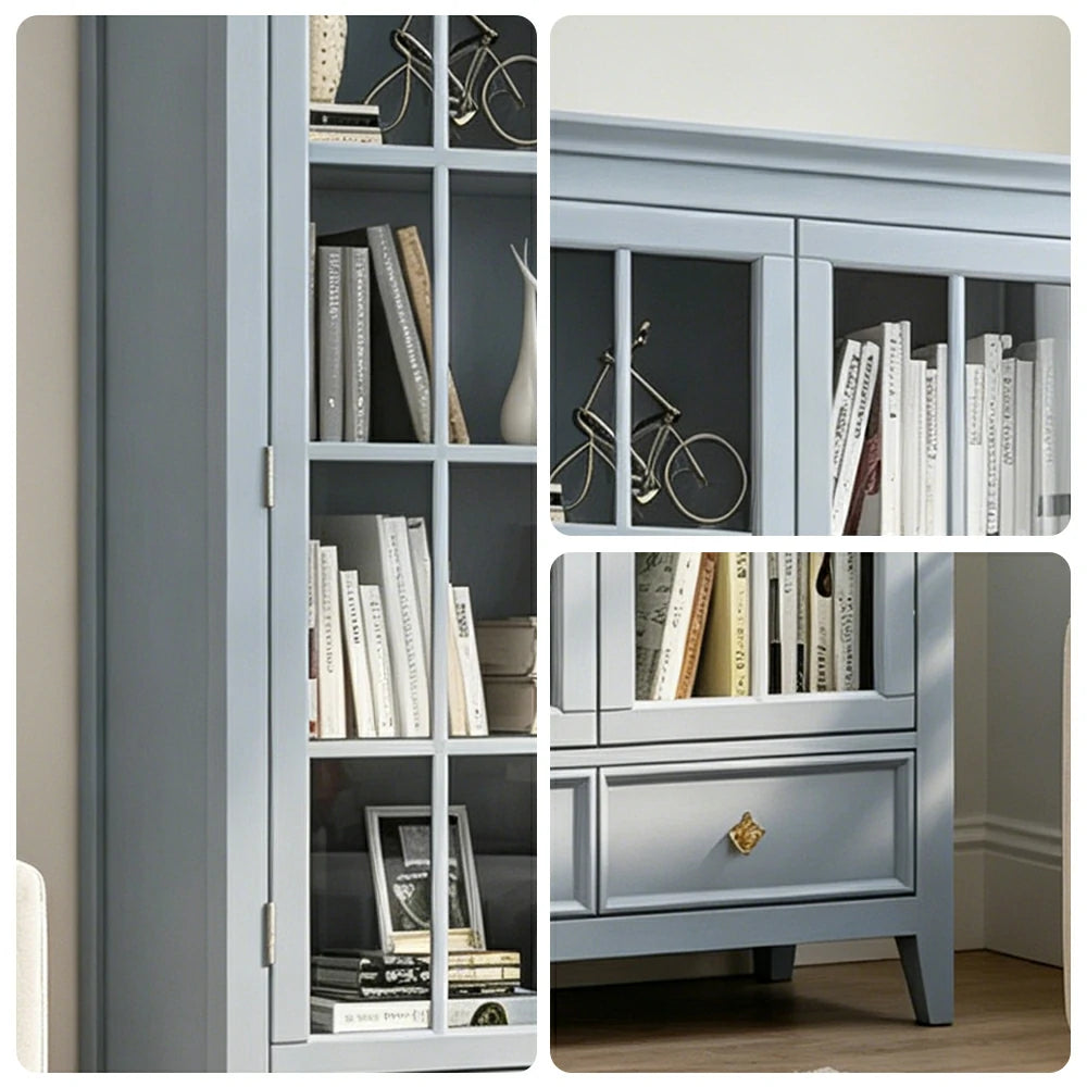 LUXORA Solid Wood 2 Door Display Cabinet with Glass Storage American Style Bookcase 100cm - Blue