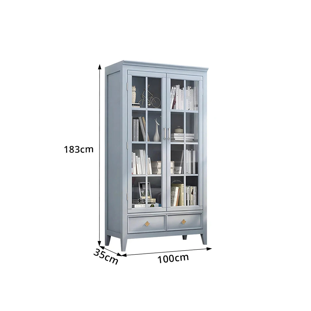 LUXORA Solid Wood 2 Door Display Cabinet with Glass Storage American Style Bookcase 100cm - Blue