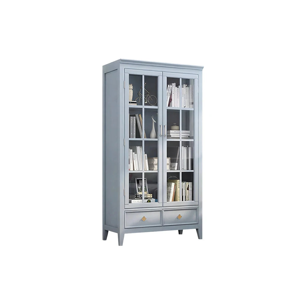 LUXORA Solid Wood 2 Door Display Cabinet with Glass Storage American Style Bookcase 100cm - Blue