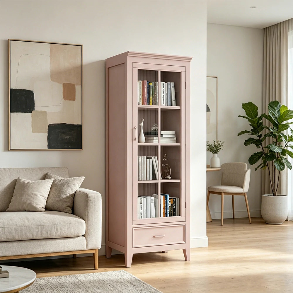 LUXORA Solid Wood Single Door Display Cabinet with Glass Storage American Style Bookcase 60cm - Pink