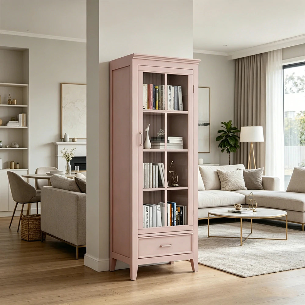 LUXORA Solid Wood Single Door Display Cabinet with Glass Storage American Style Bookcase 60cm - Pink