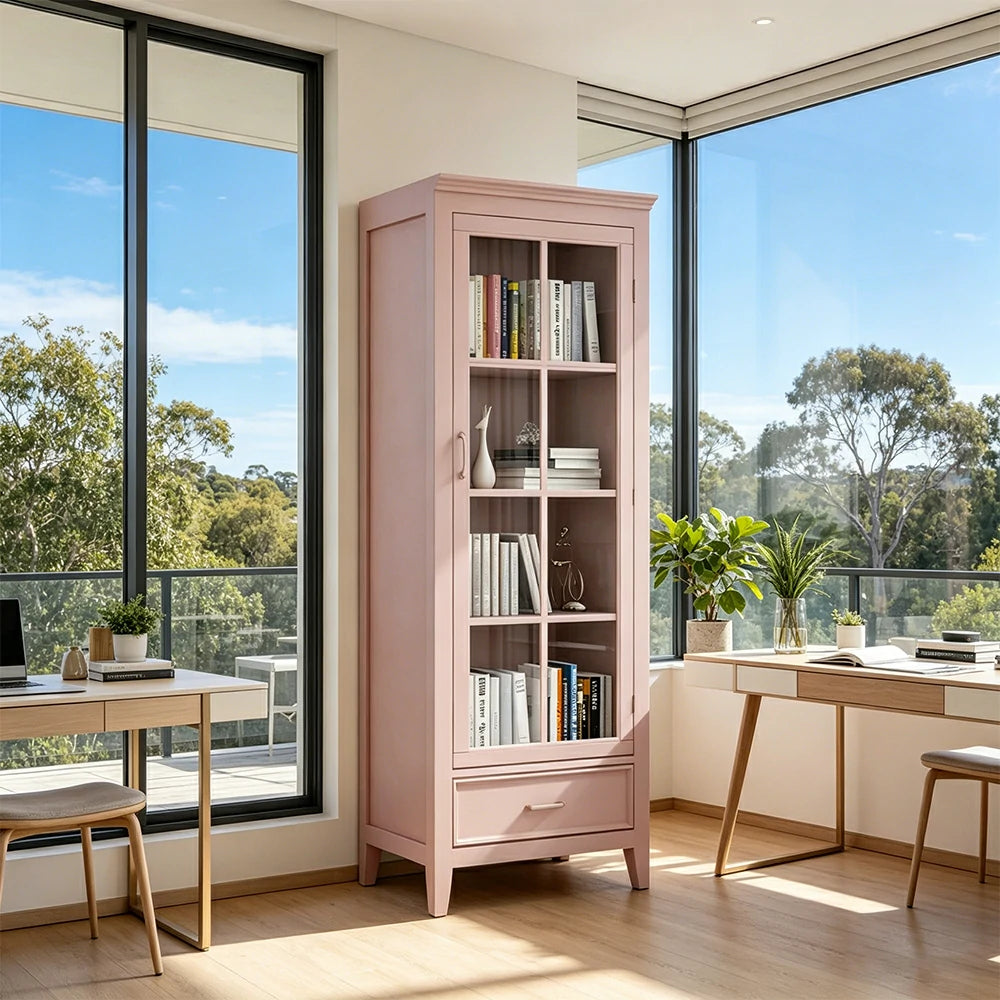 LUXORA Solid Wood Single Door Display Cabinet with Glass Storage American Style Bookcase 60cm - Pink