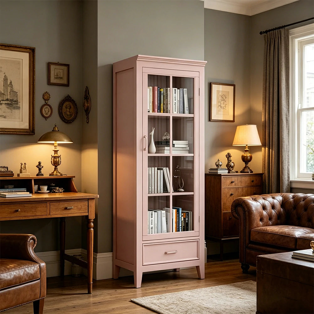 LUXORA Solid Wood Single Door Display Cabinet with Glass Storage American Style Bookcase 60cm - Pink