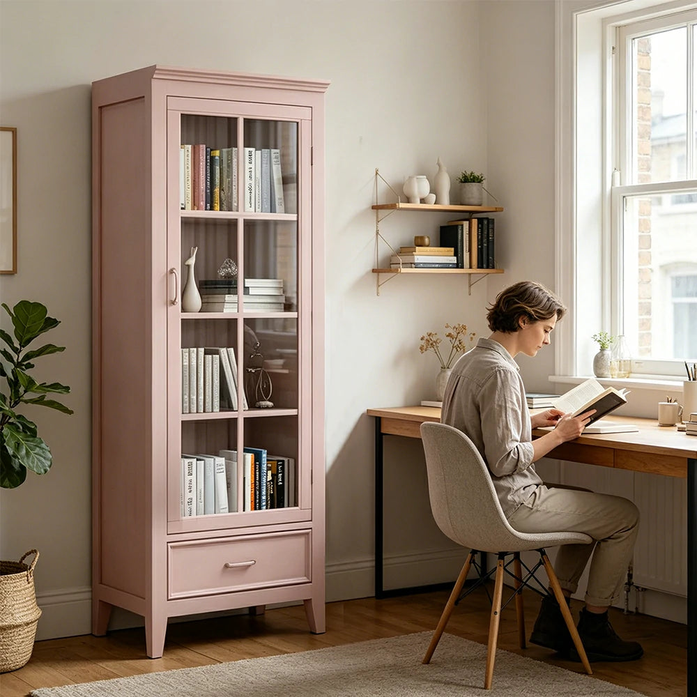LUXORA Solid Wood Single Door Display Cabinet with Glass Storage American Style Bookcase 60cm - Pink