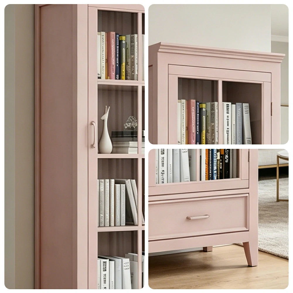 LUXORA Solid Wood Single Door Display Cabinet with Glass Storage American Style Bookcase 60cm - Pink