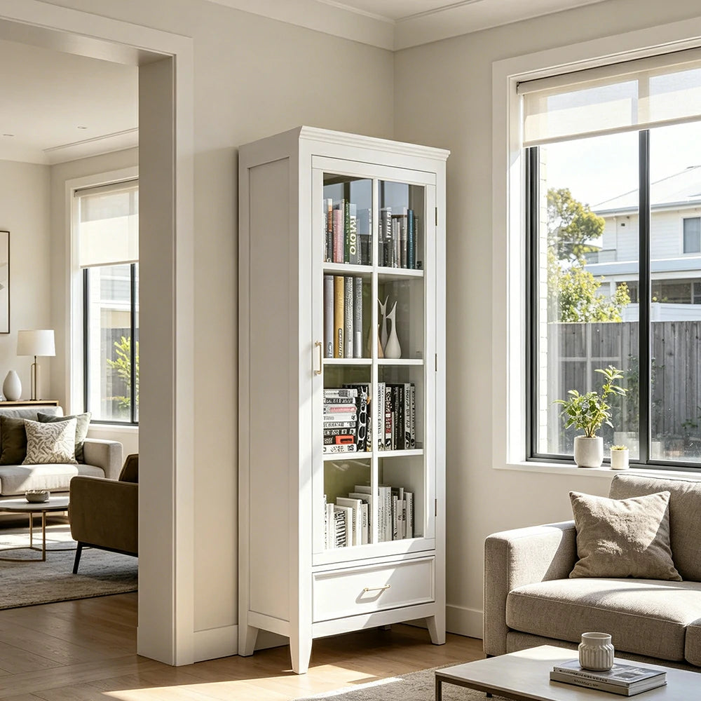 LUXORA Solid Wood Single Door Display Cabinet with Glass Storage American Style Bookcase 60cm - White