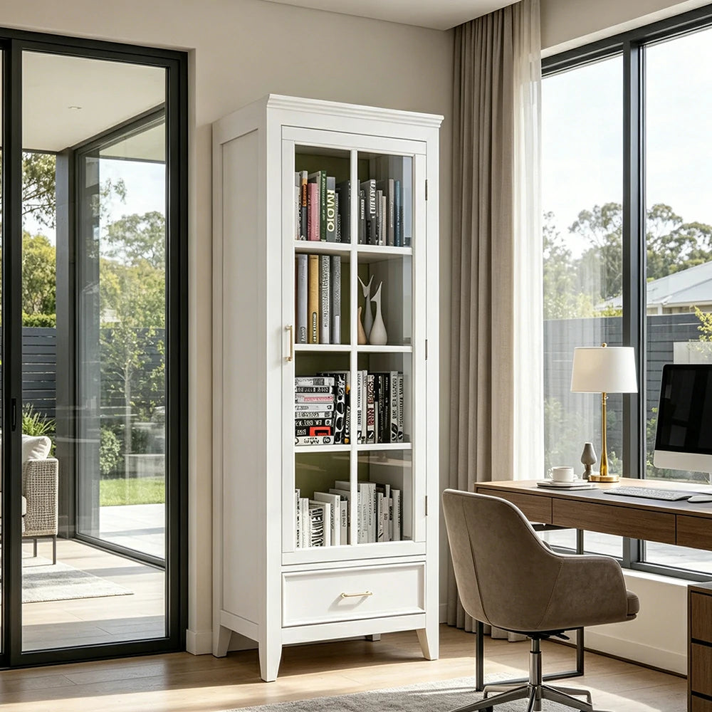 LUXORA Solid Wood Single Door Display Cabinet with Glass Storage American Style Bookcase 60cm - White