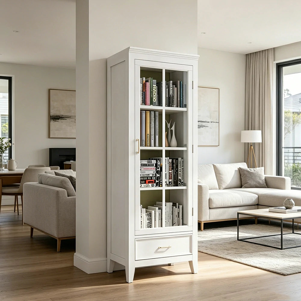 LUXORA Solid Wood Single Door Display Cabinet with Glass Storage American Style Bookcase 60cm - White