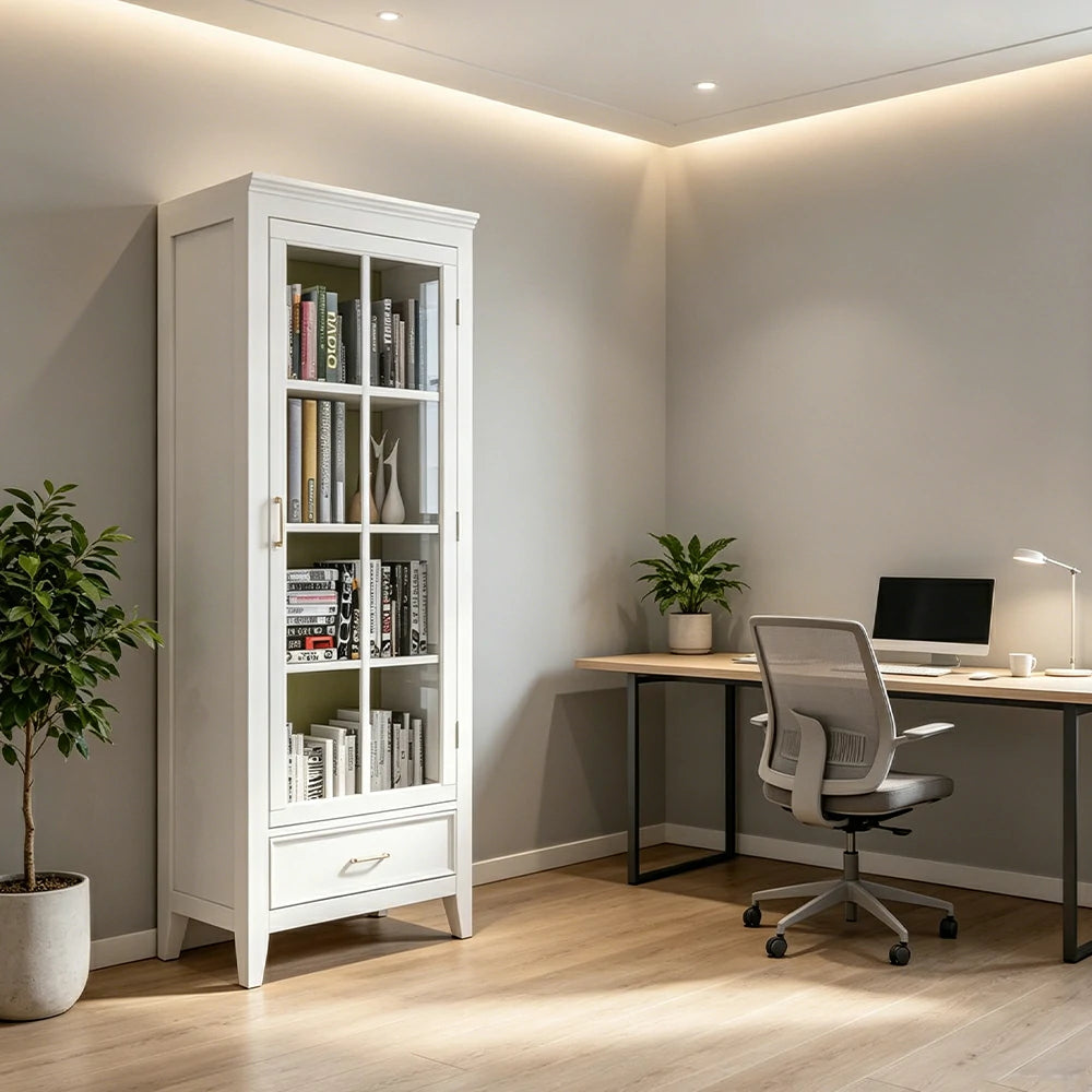 LUXORA Solid Wood Single Door Display Cabinet with Glass Storage American Style Bookcase 60cm - White