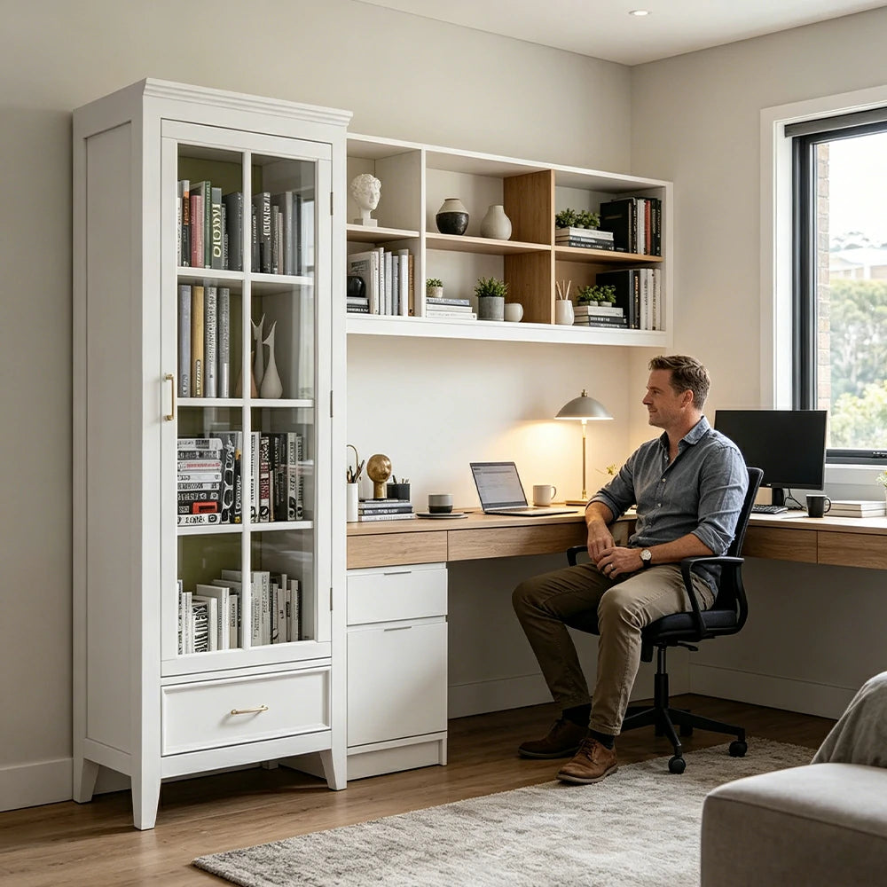 LUXORA Solid Wood Single Door Display Cabinet with Glass Storage American Style Bookcase 60cm - White