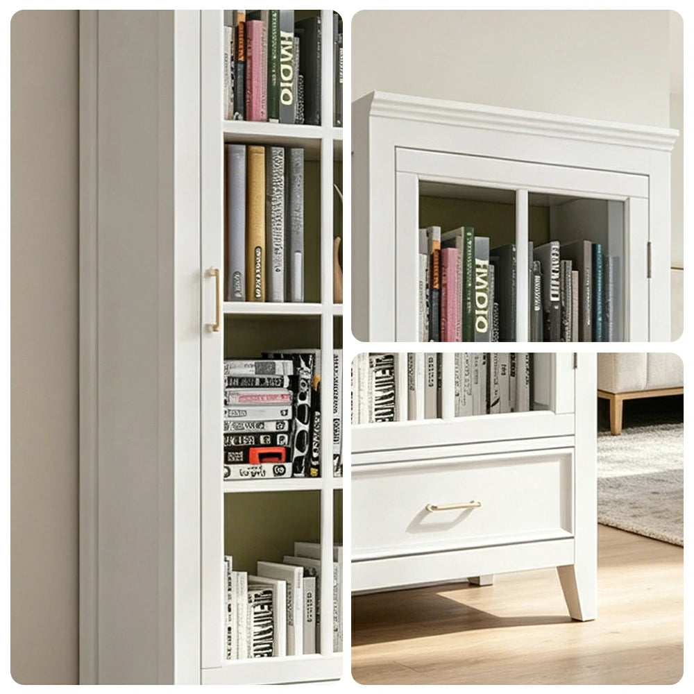 LUXORA Solid Wood Single Door Display Cabinet with Glass Storage American Style Bookcase 60cm - White