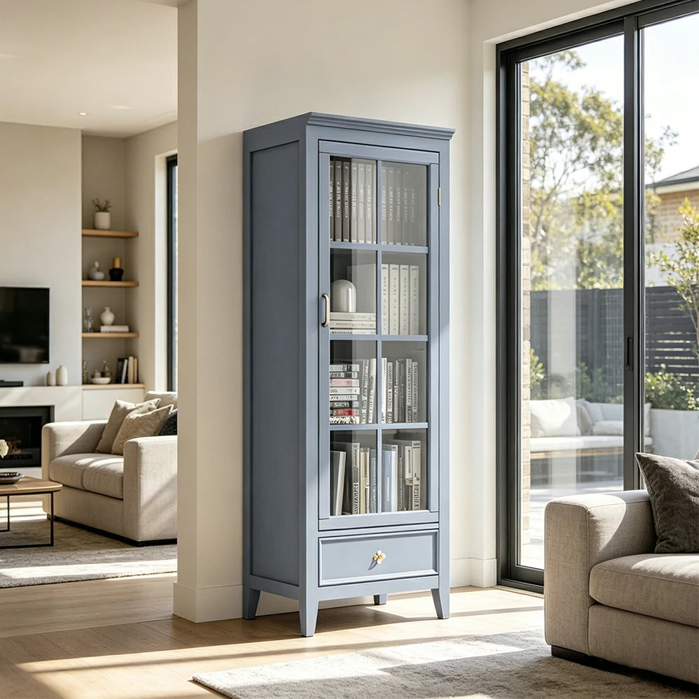 LUXORA Solid Wood Single Door Display Cabinet with Glass Storage American Style Bookcase 60cm - Blue