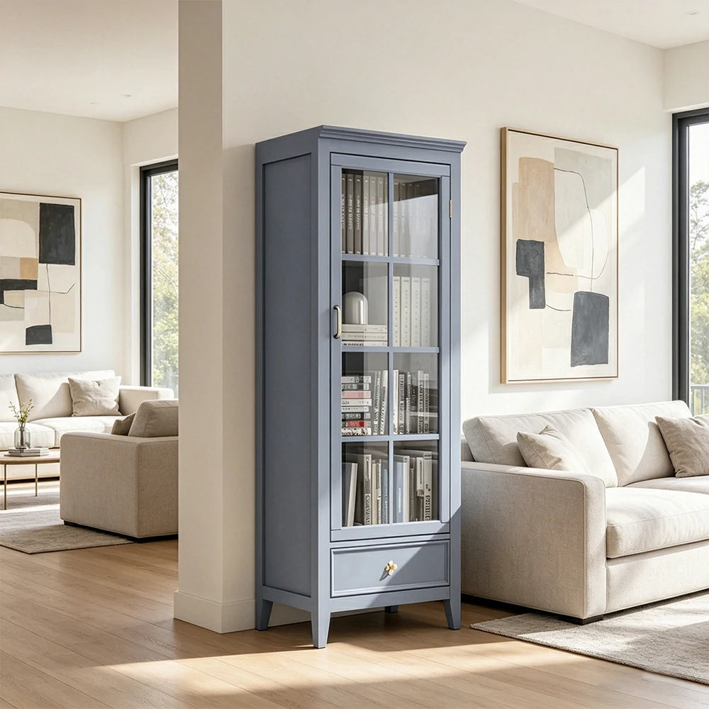 LUXORA Solid Wood Single Door Display Cabinet with Glass Storage American Style Bookcase 60cm - Blue