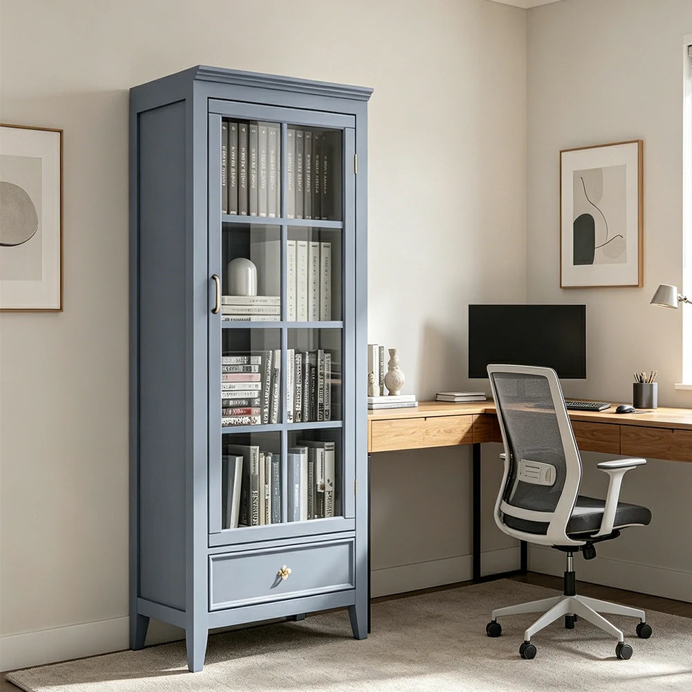 LUXORA Solid Wood Single Door Display Cabinet with Glass Storage American Style Bookcase 60cm - Blue