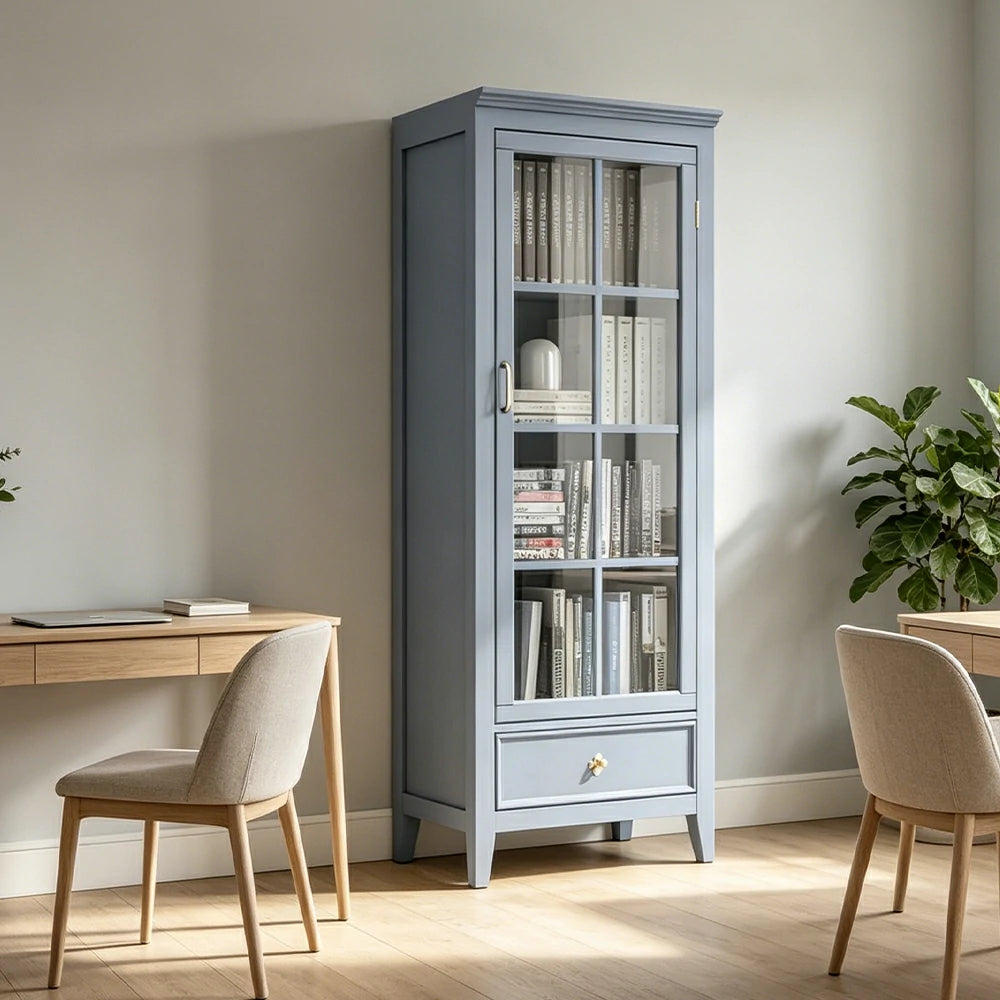 LUXORA Solid Wood Single Door Display Cabinet with Glass Storage American Style Bookcase 60cm - Blue