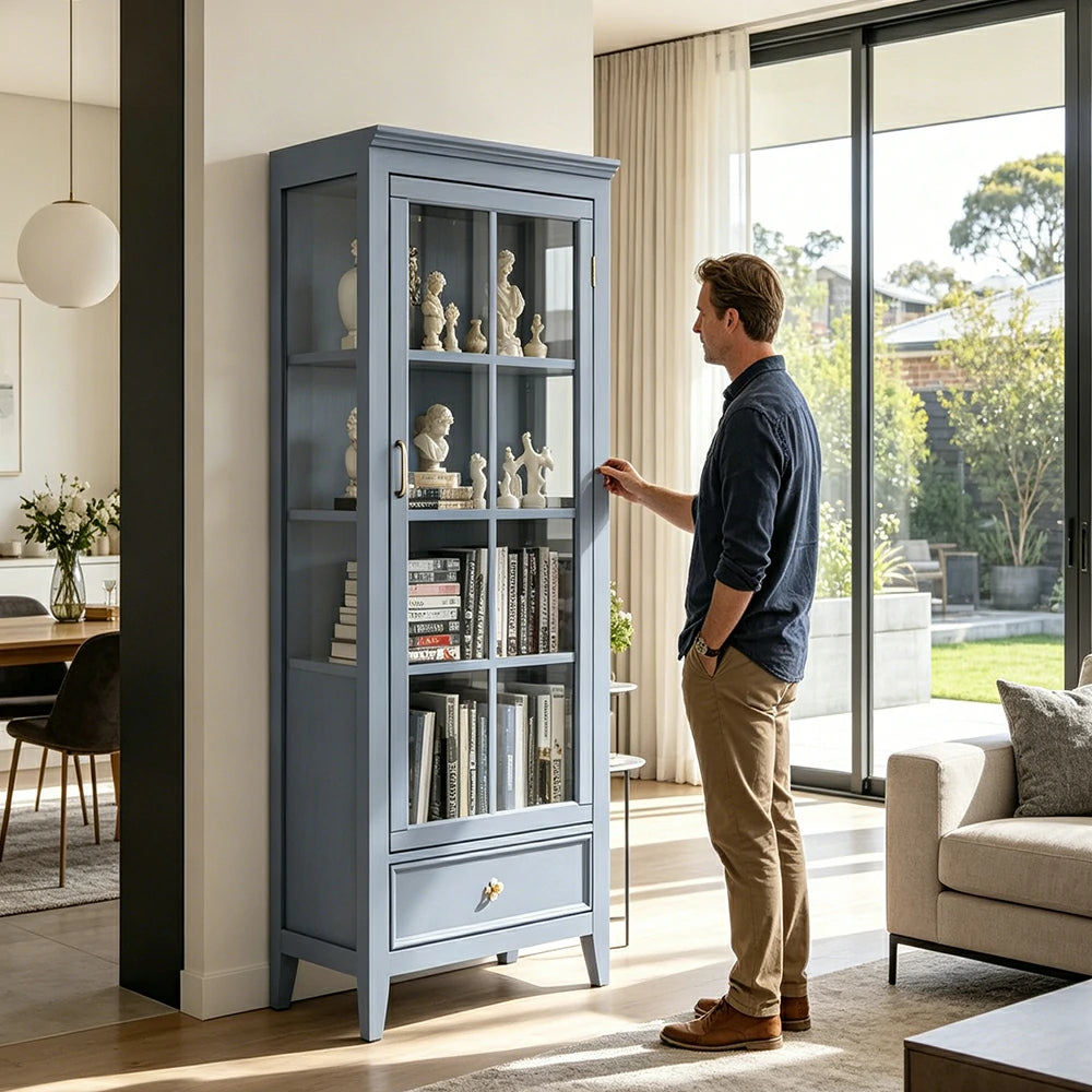 LUXORA Solid Wood Single Door Display Cabinet with Glass Storage American Style Bookcase 60cm - Blue