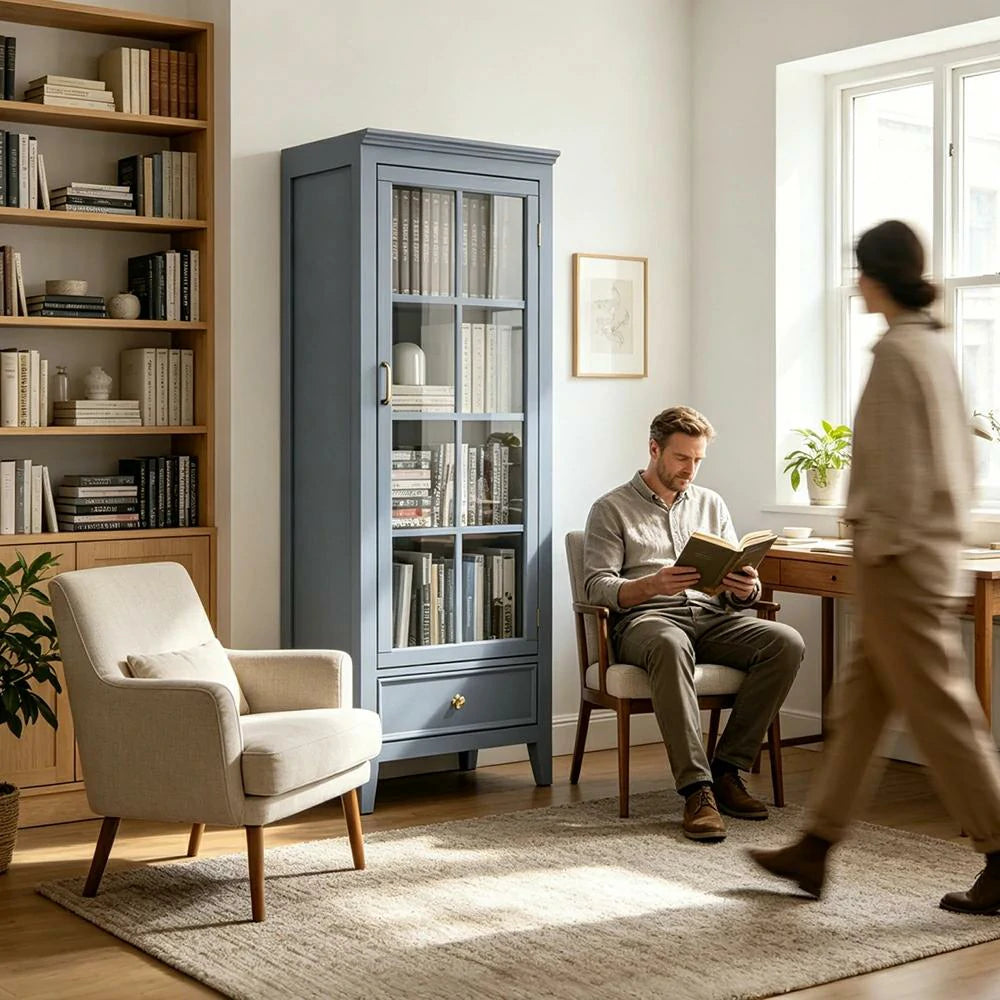 LUXORA Solid Wood Single Door Display Cabinet with Glass Storage American Style Bookcase 60cm - Blue