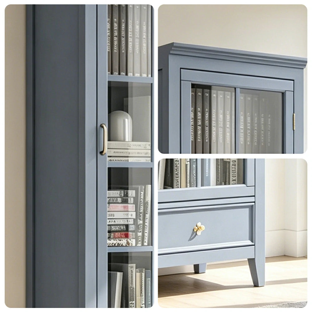 LUXORA Solid Wood Single Door Display Cabinet with Glass Storage American Style Bookcase 60cm - Blue
