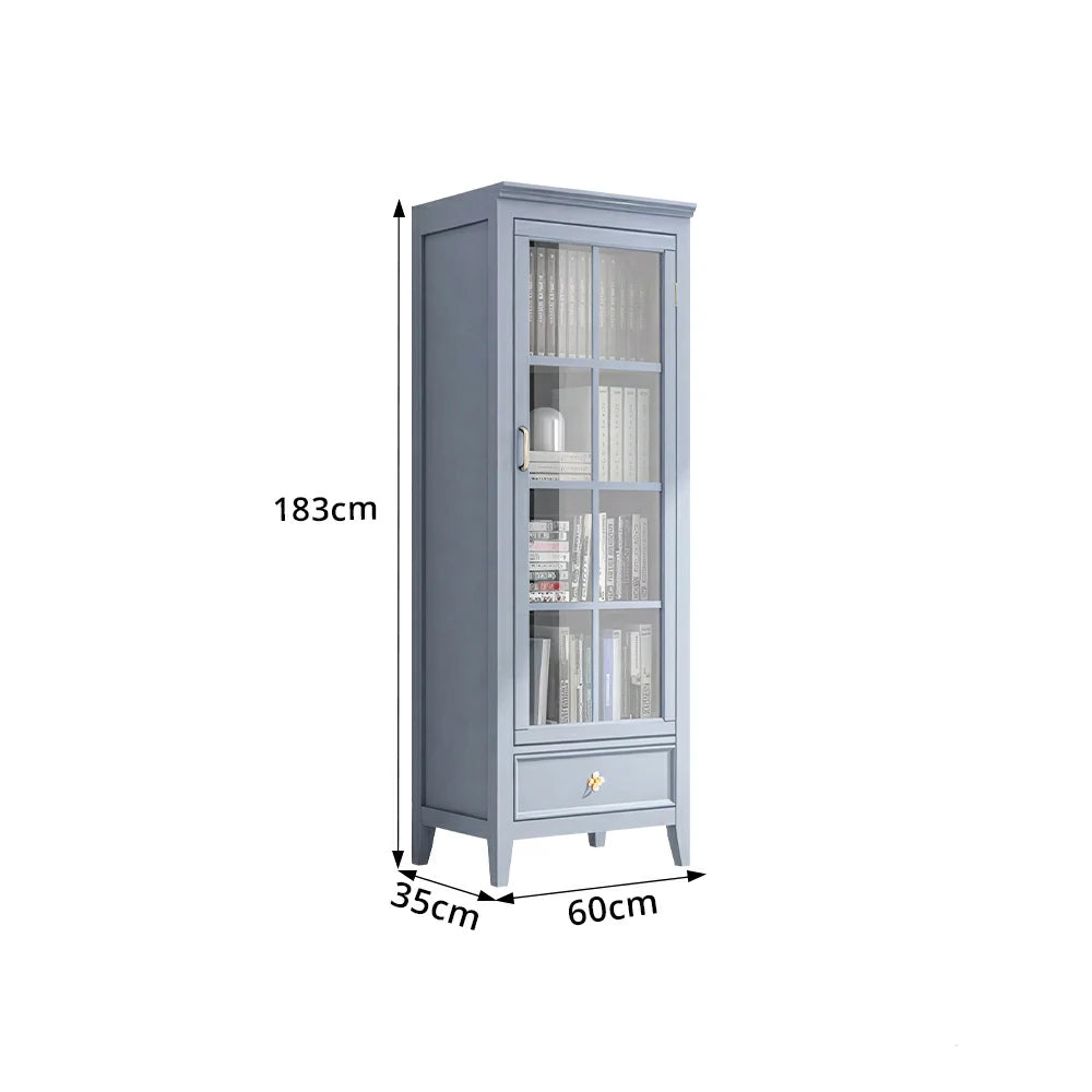 LUXORA Solid Wood Single Door Display Cabinet with Glass Storage American Style Bookcase 60cm - Blue