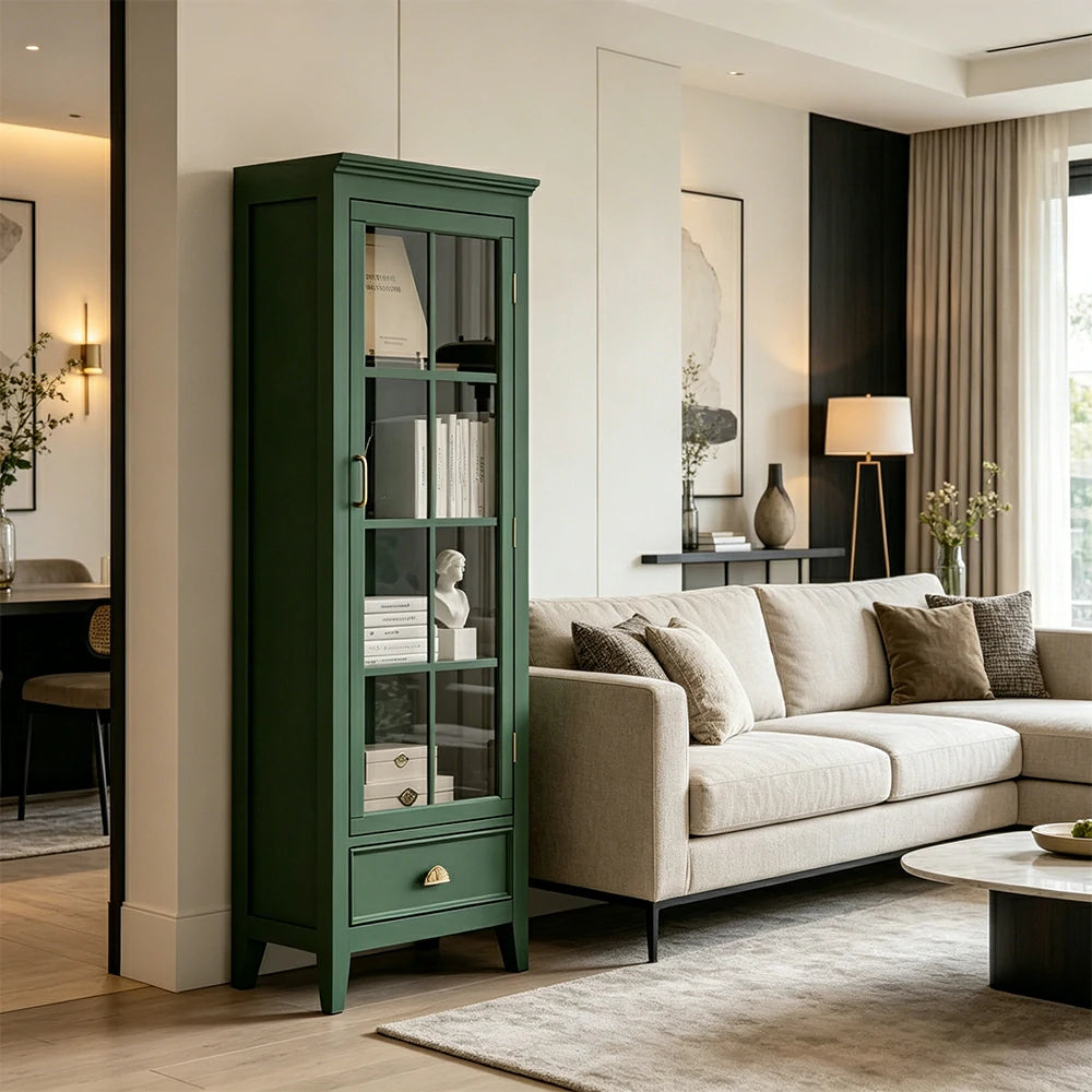 LUXORA Solid Wood Single Door Display Cabinet with Glass Storage American Style Bookcase 60cm - Green