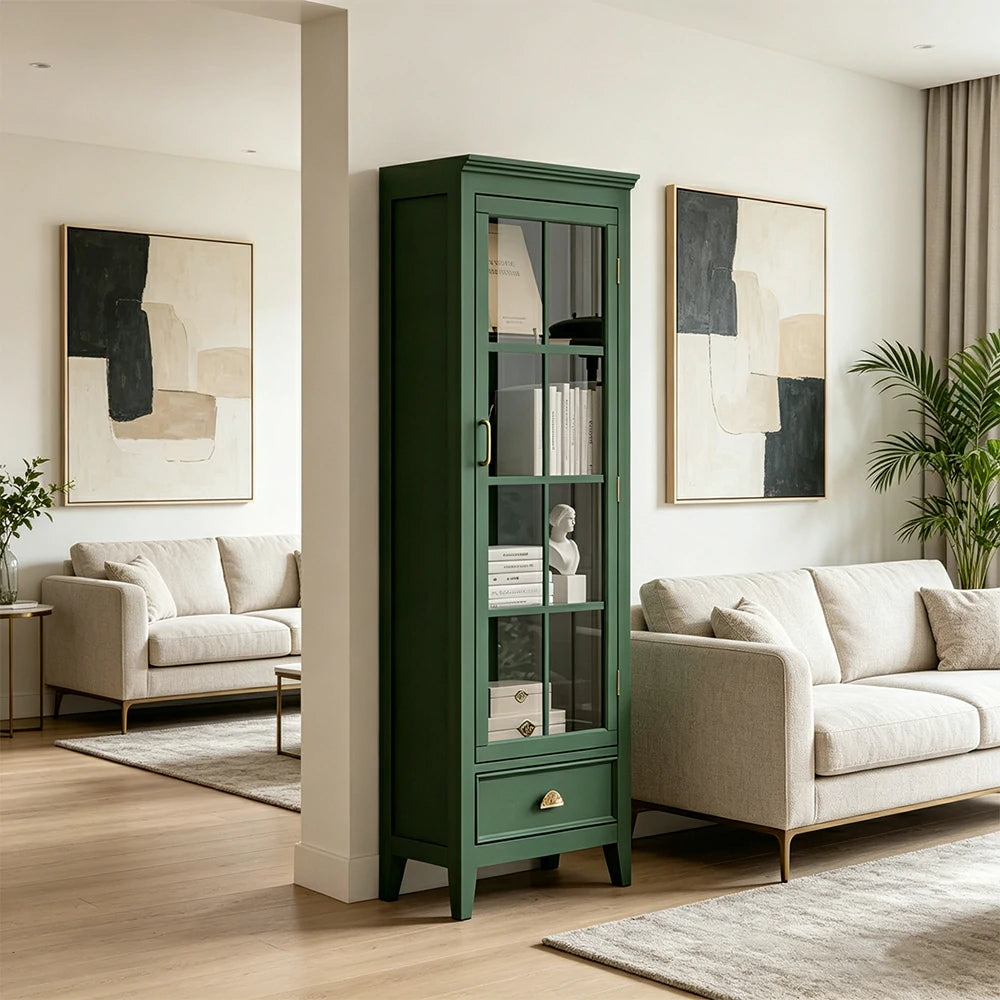 LUXORA Solid Wood Single Door Display Cabinet with Glass Storage American Style Bookcase 60cm - Green