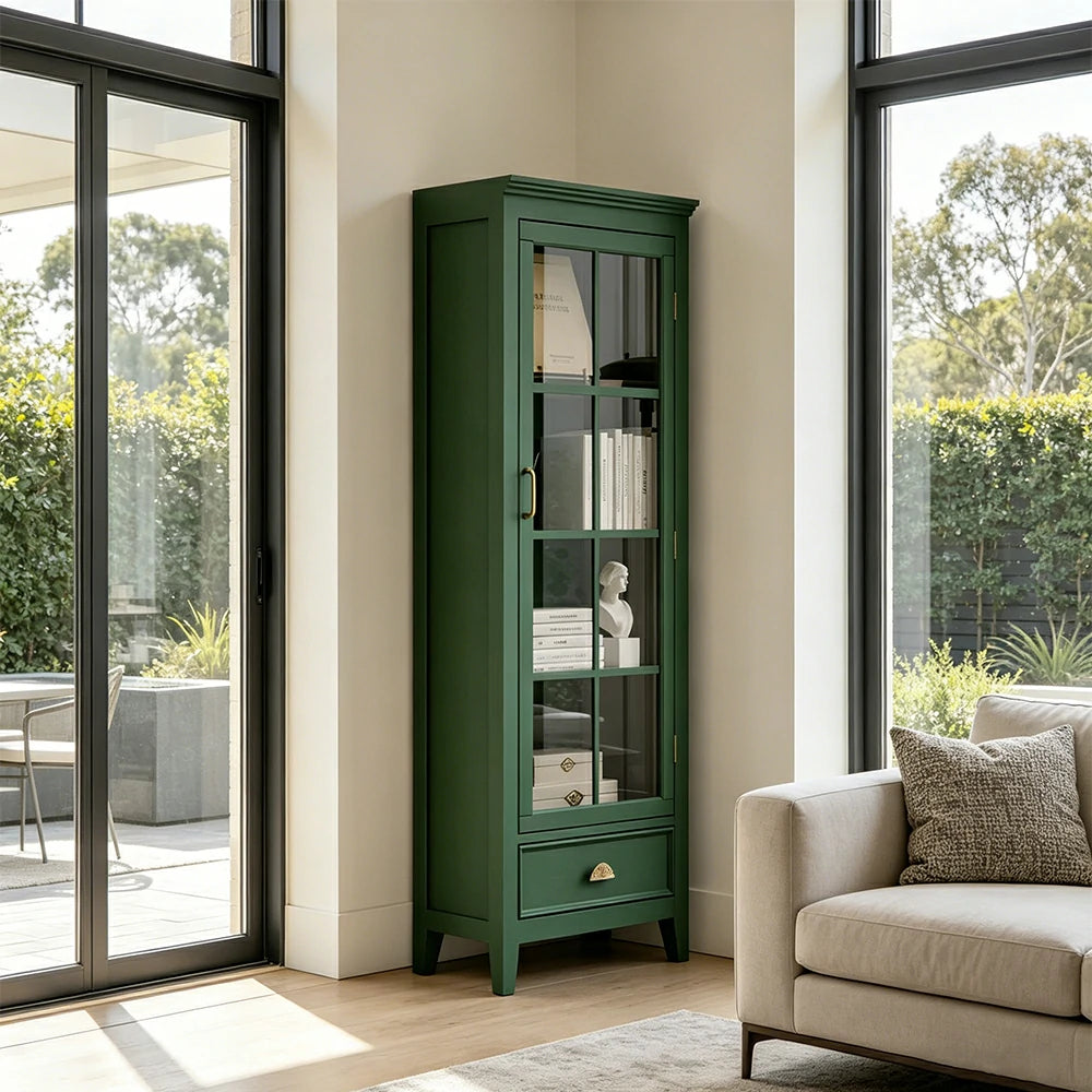 LUXORA Solid Wood Single Door Display Cabinet with Glass Storage American Style Bookcase 60cm - Green