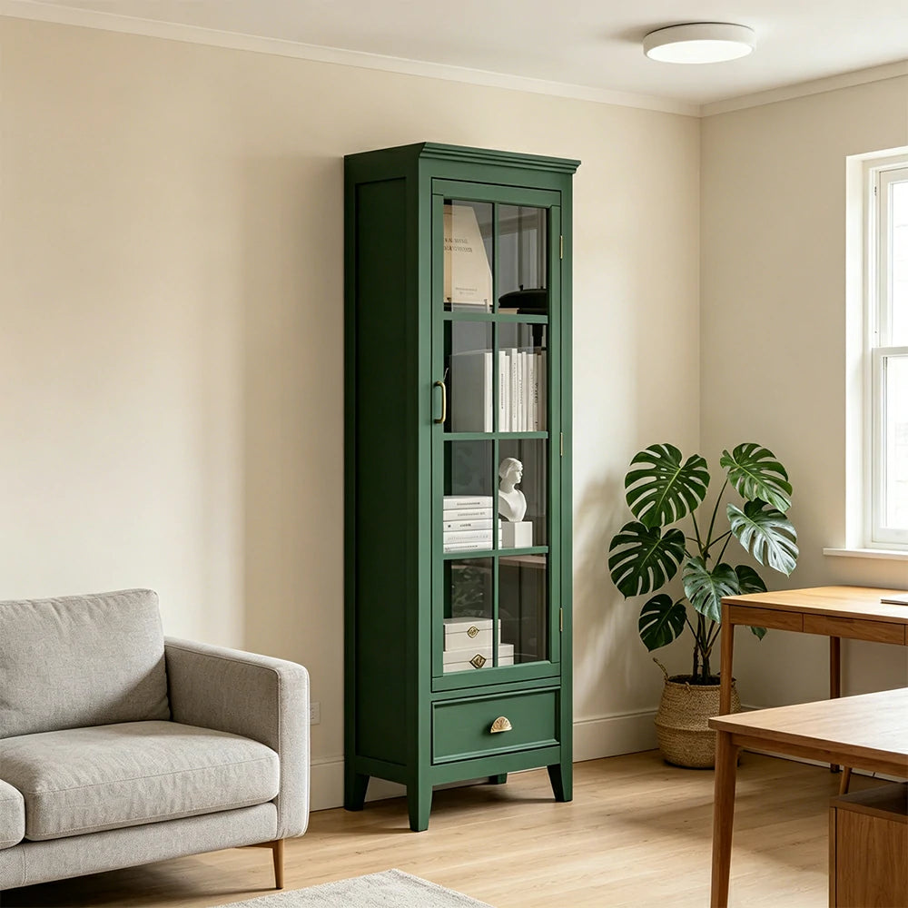 LUXORA Solid Wood Single Door Display Cabinet with Glass Storage American Style Bookcase 60cm - Green