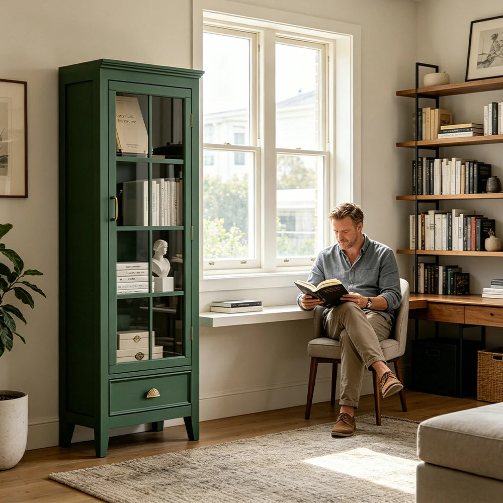 LUXORA Solid Wood Single Door Display Cabinet with Glass Storage American Style Bookcase 60cm - Green