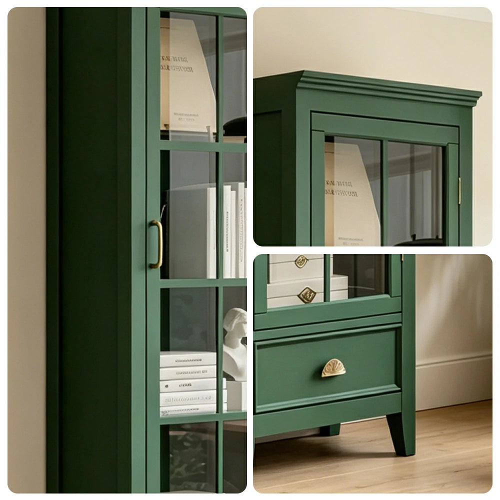 LUXORA Solid Wood Single Door Display Cabinet with Glass Storage American Style Bookcase 60cm - Green