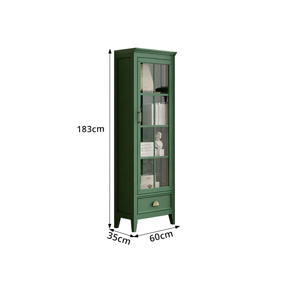LUXORA Solid Wood Single Door Display Cabinet with Glass Storage American Style Bookcase 60cm - Green