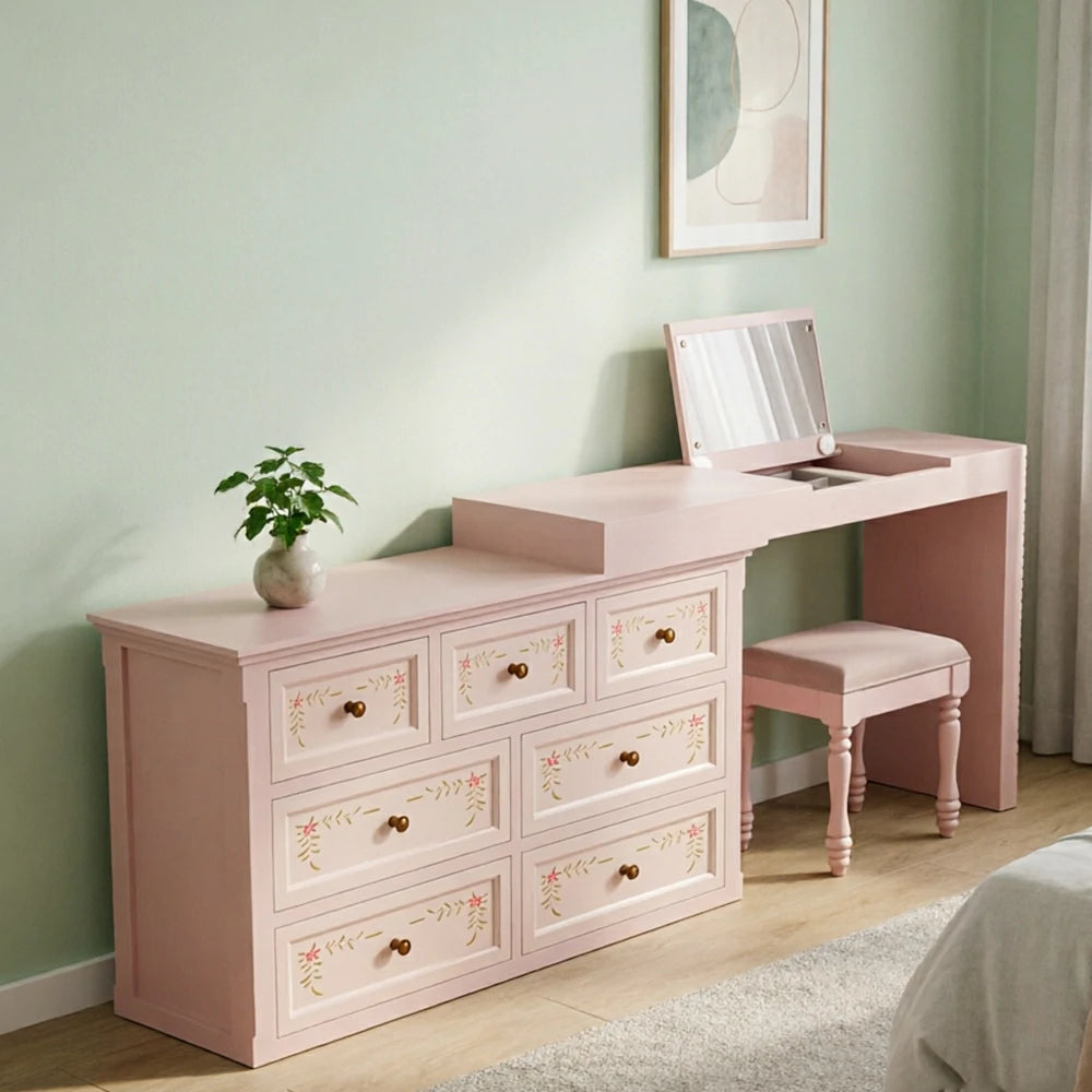 LUXORA Solid Wood Vanity Table Set with 7 Drawer Storage Cabinet Makeup Desk & Stool 120cm - Sakura Pink