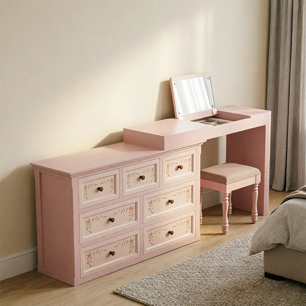 LUXORA Solid Wood Vanity Table Set with 7 Drawer Storage Cabinet Makeup Desk & Stool 120cm - Sakura Pink