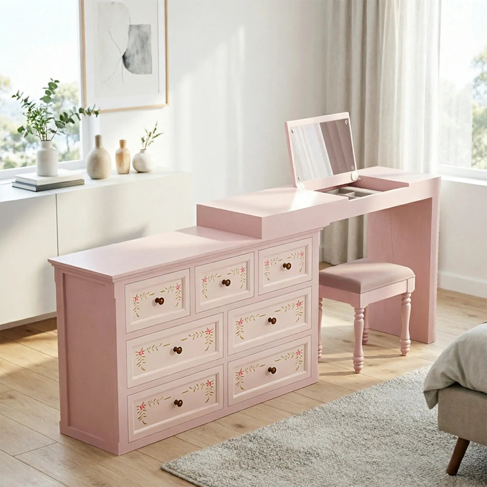 LUXORA Solid Wood Vanity Table Set with 7 Drawer Storage Cabinet Makeup Desk & Stool 120cm - Sakura Pink