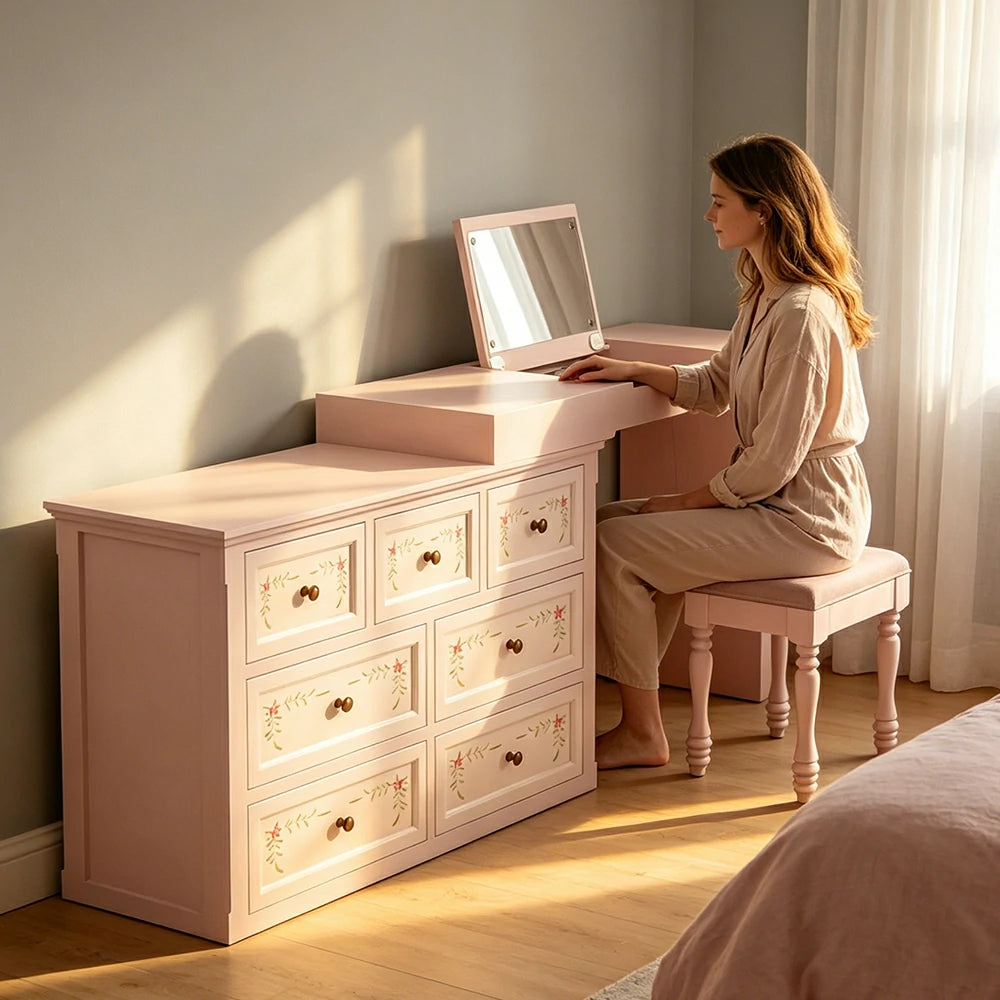 LUXORA Solid Wood Vanity Table Set with 7 Drawer Storage Cabinet Makeup Desk & Stool 120cm - Sakura Pink