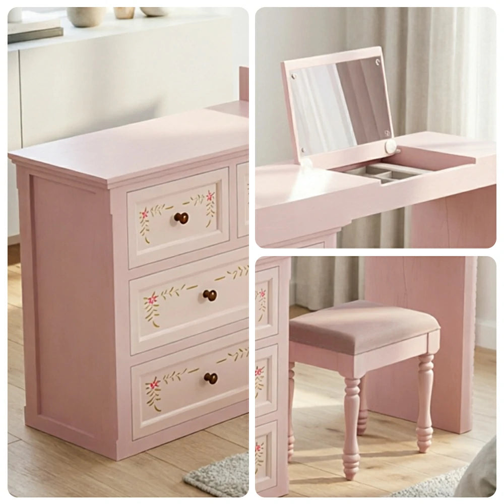 LUXORA Solid Wood Vanity Table Set with 7 Drawer Storage Cabinet Makeup Desk & Stool 120cm - Sakura Pink