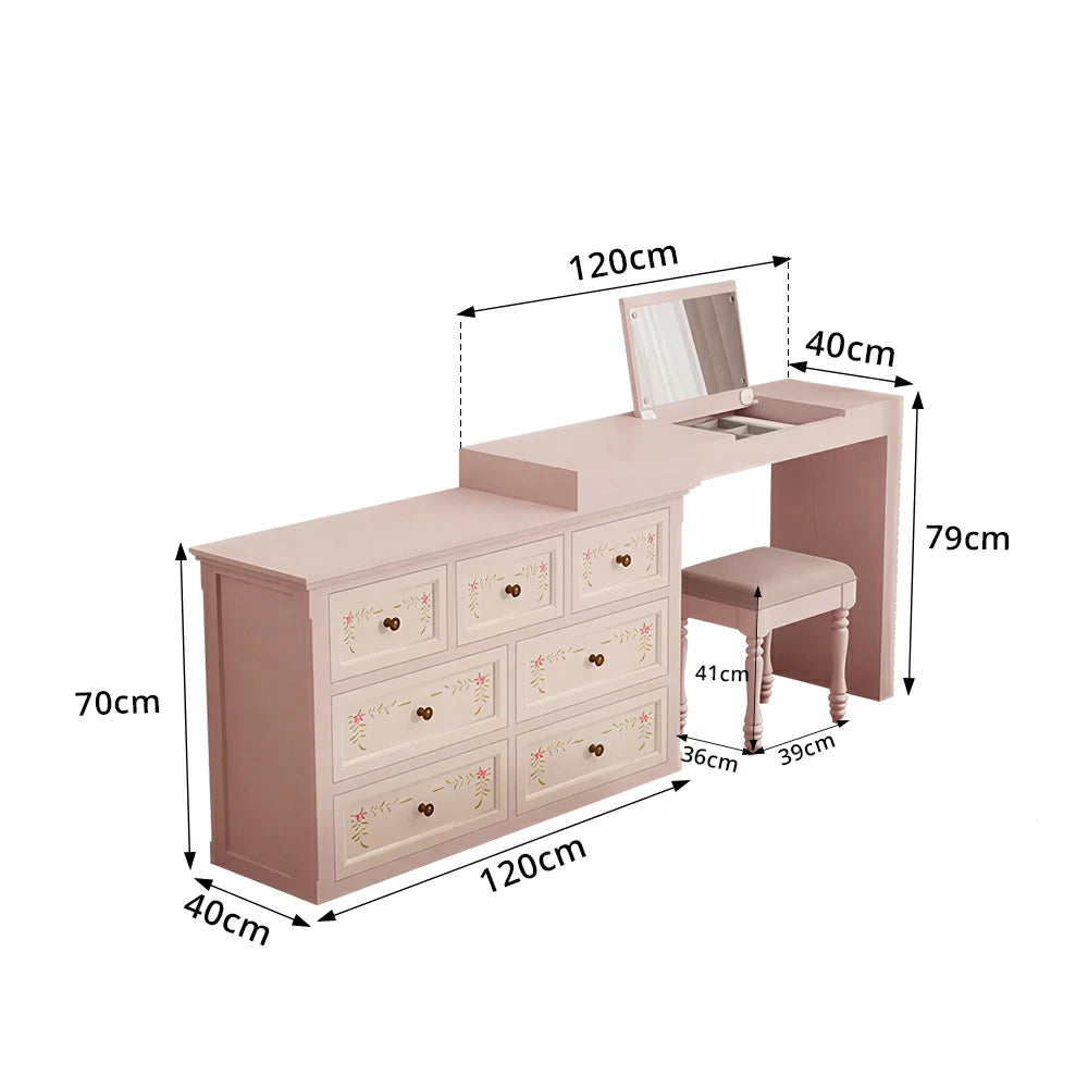 LUXORA Solid Wood Vanity Table Set with 7 Drawer Storage Cabinet Makeup Desk & Stool 120cm - Sakura Pink