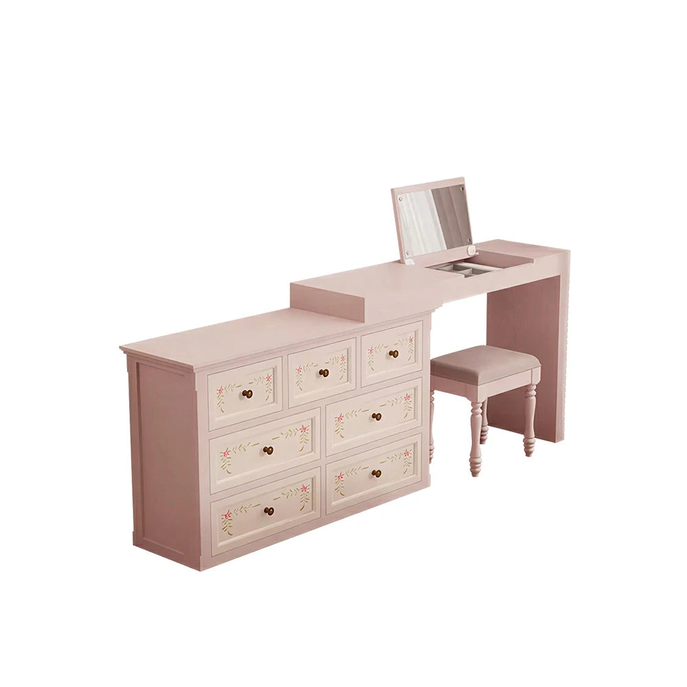 LUXORA Solid Wood Vanity Table Set with 7 Drawer Storage Cabinet Makeup Desk & Stool 120cm - Sakura Pink
