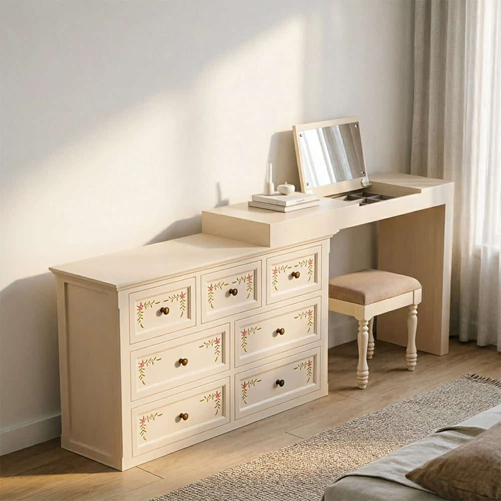 LUXORA Solid Wood Vanity Table Set with 7 Drawer Storage Cabinet Makeup Desk & Stool 120cm - Beige