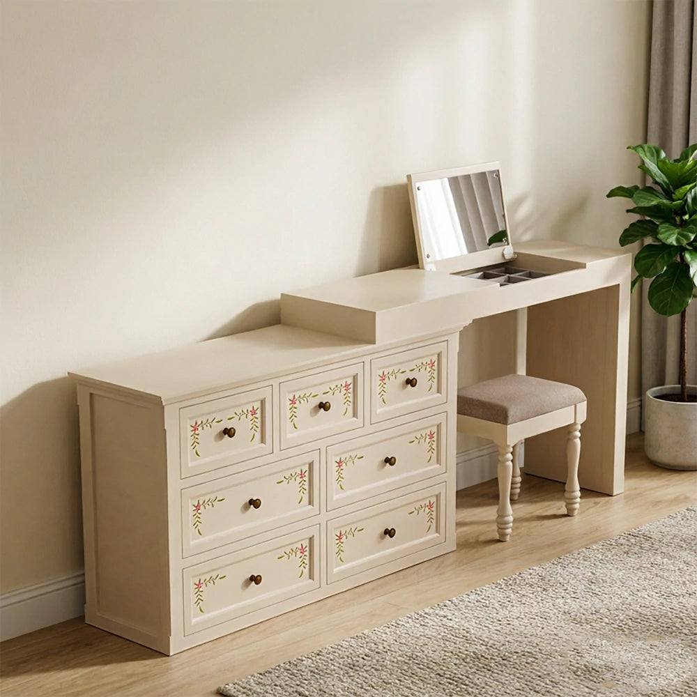 LUXORA Solid Wood Vanity Table Set with 7 Drawer Storage Cabinet Makeup Desk & Stool 120cm - Beige