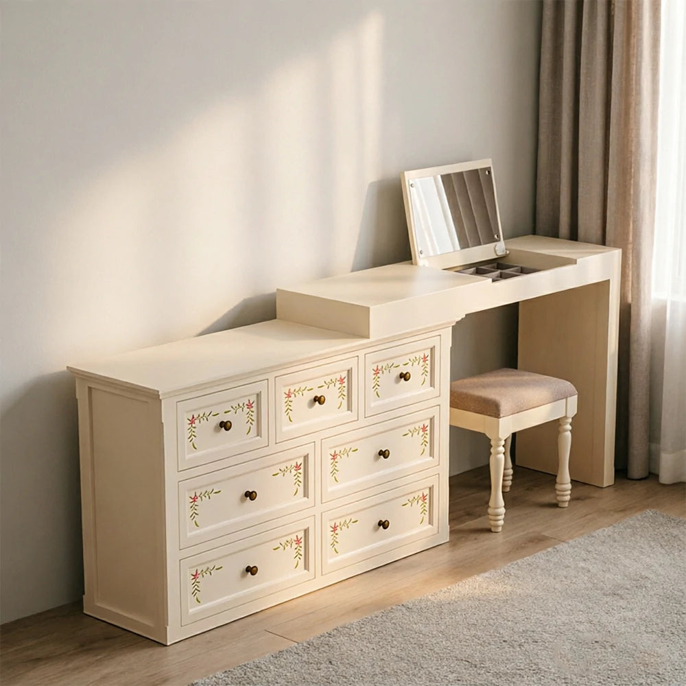 LUXORA Solid Wood Vanity Table Set with 7 Drawer Storage Cabinet Makeup Desk & Stool 120cm - Beige