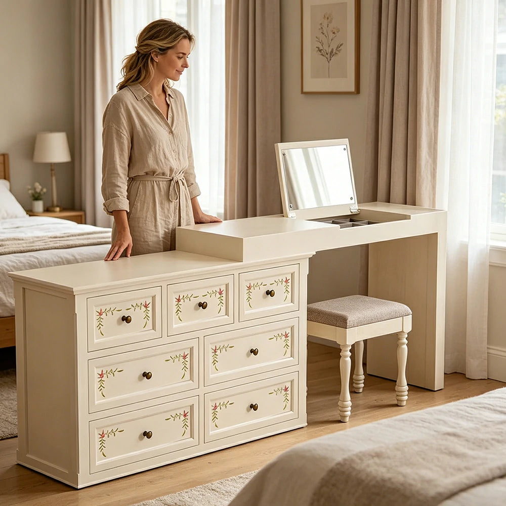LUXORA Solid Wood Vanity Table Set with 7 Drawer Storage Cabinet Makeup Desk & Stool 120cm - Beige