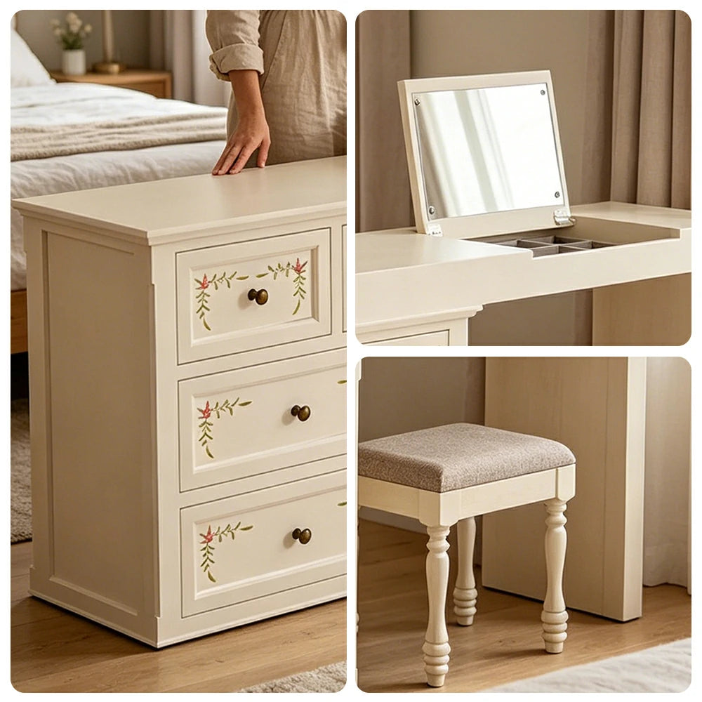 LUXORA Solid Wood Vanity Table Set with 7 Drawer Storage Cabinet Makeup Desk & Stool 120cm - Beige