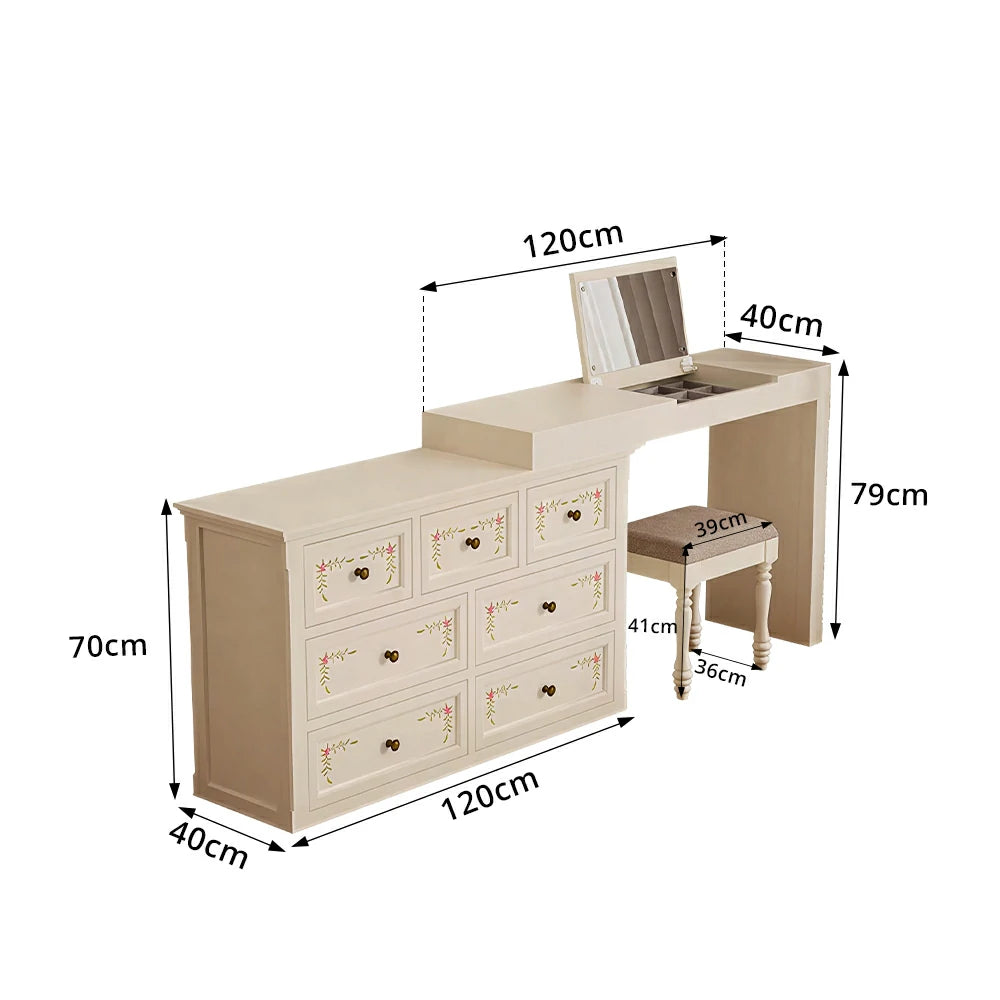 LUXORA Solid Wood Vanity Table Set with 7 Drawer Storage Cabinet Makeup Desk & Stool 120cm - Beige