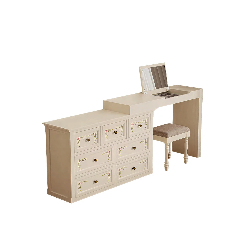 LUXORA Solid Wood Vanity Table Set with 7 Drawer Storage Cabinet Makeup Desk & Stool 120cm - Beige