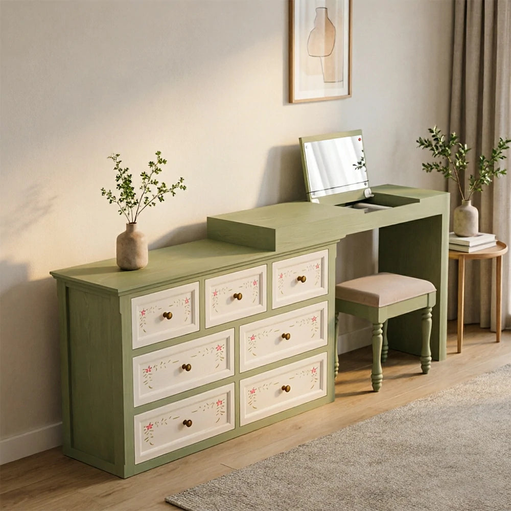LUXORA Solid Wood Vanity Table Set with 7 Drawer Storage Cabinet Makeup Desk & Stool 120cm - Green