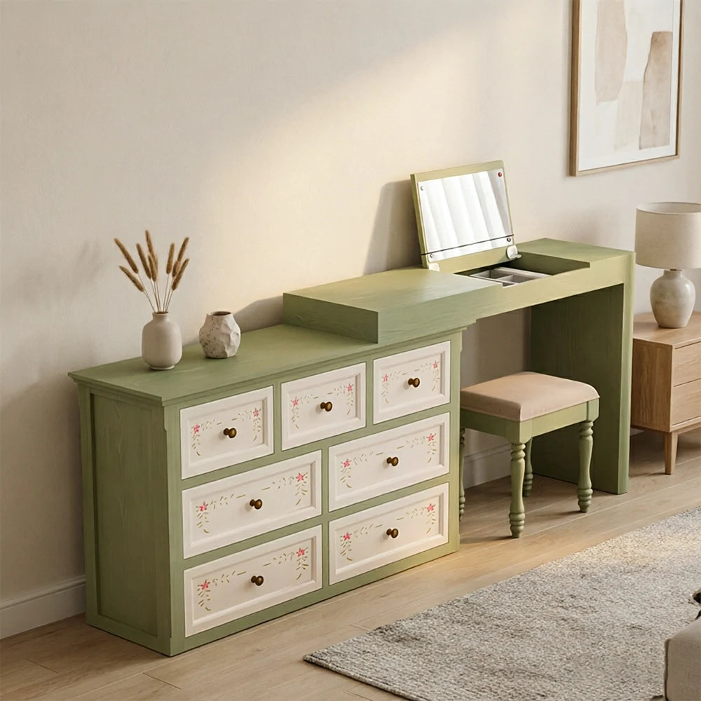 LUXORA Solid Wood Vanity Table Set with 7 Drawer Storage Cabinet Makeup Desk & Stool 120cm - Green