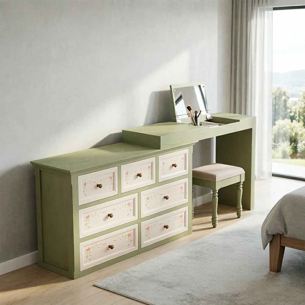 LUXORA Solid Wood Vanity Table Set with 7 Drawer Storage Cabinet Makeup Desk & Stool 120cm - Green